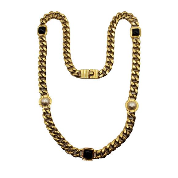 Carolee Gold Tone Curb Thick Chain Chunky Necklace Faux Pearl Onyx Vintage 80s - Picture 4 of 11